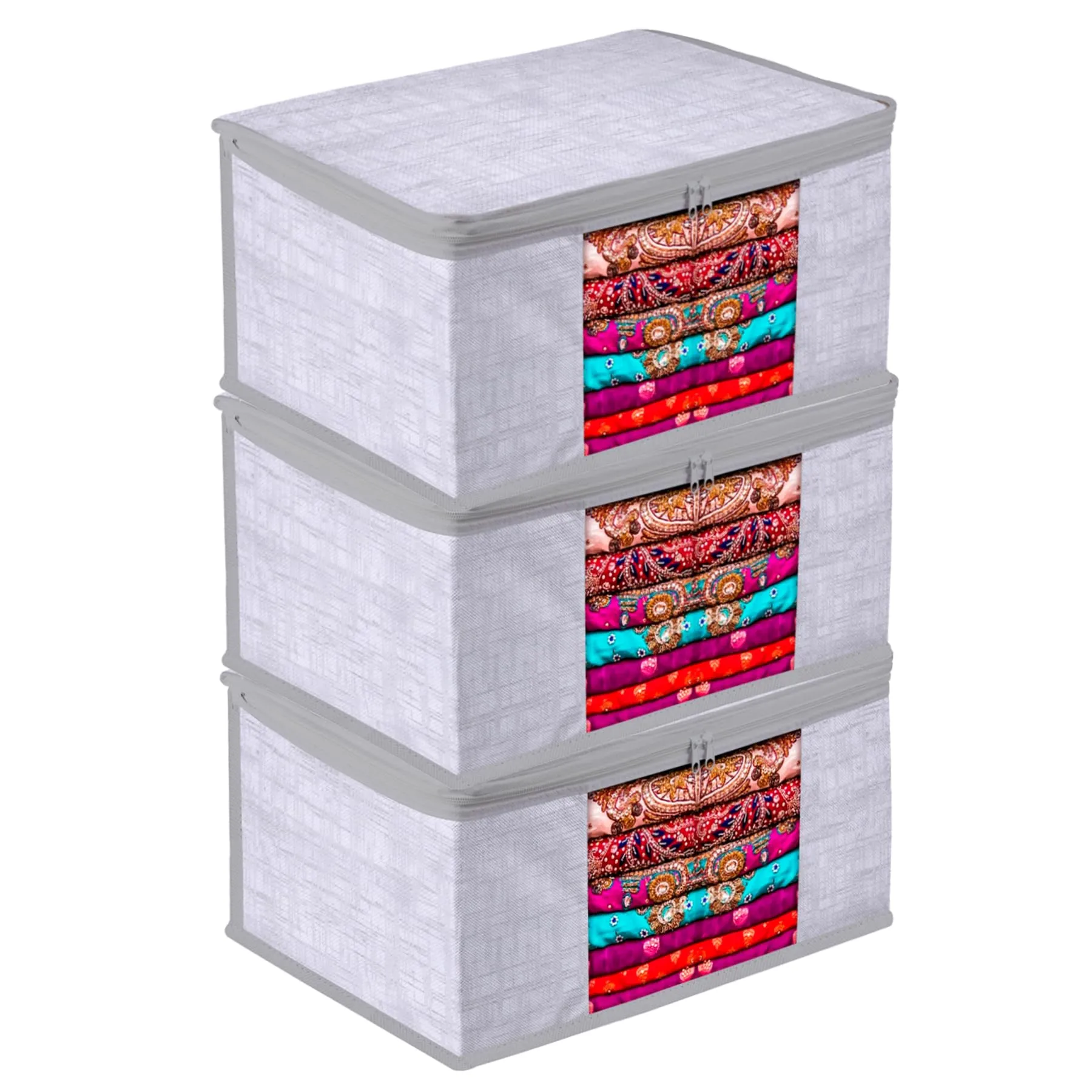 Kuber Industries Saree Cover | Zip Closure Saree Cover | Clothes Storage Bag | Wardrobe Organizer | Transparent Window Saree Cover | Jute Printed | 9 Inch | Pack of 3 | Gray