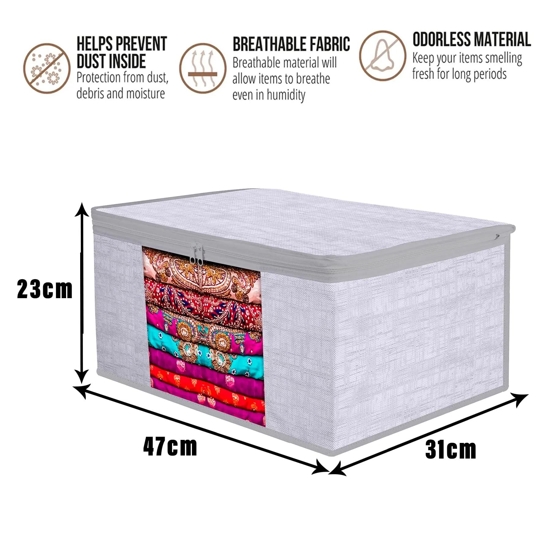 Kuber Industries Saree Cover | Zip Closure Saree Cover | Clothes Storage Bag | Wardrobe Organizer | Transparent Window Saree Cover | Jute Printed | 9 Inch | Pack of 3 | Gray