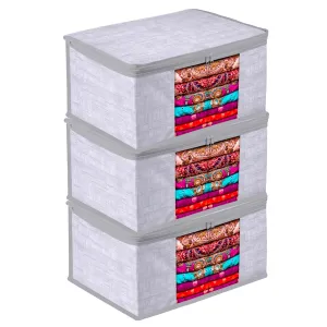 Kuber Industries Saree Cover | Zip Closure Saree Cover | Clothes Storage Bag | Wardrobe Organizer | Transparent Window Saree Cover | Jute Printed | 9 Inch | Pack of 3 | Gray