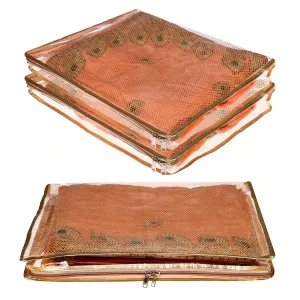 Kuber Industries Saree Cover|PVC Laminated with Mesh Fabric|Transparent Golden Border Wardrobe Organizer|Pack of 3 (Golden)