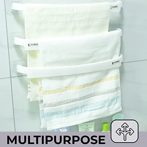 Kuber Industries Towel Hanger for Bathroom|Wall Mounted Cloth Hanger|Multipurpose Cloth & Napkin Holder|Premium PP Material|Self-Adhesive DIY Installation|Bathroom & Kitchen Organizer|Pack of 3|White