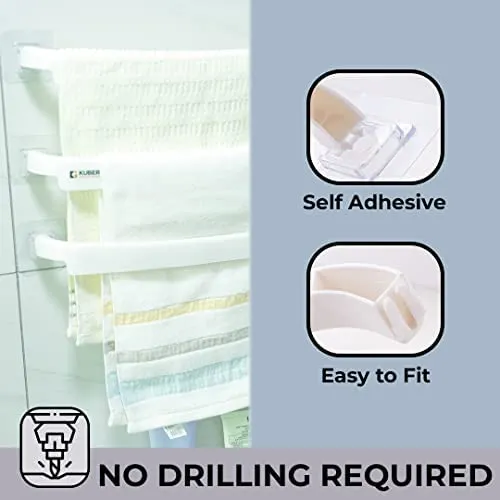Kuber Industries Towel Hanger for Bathroom|Wall Mounted Cloth Hanger|Multipurpose Cloth & Napkin Holder|Premium PP Material|Self-Adhesive DIY Installation|Bathroom & Kitchen Organizer|Pack of 3|White