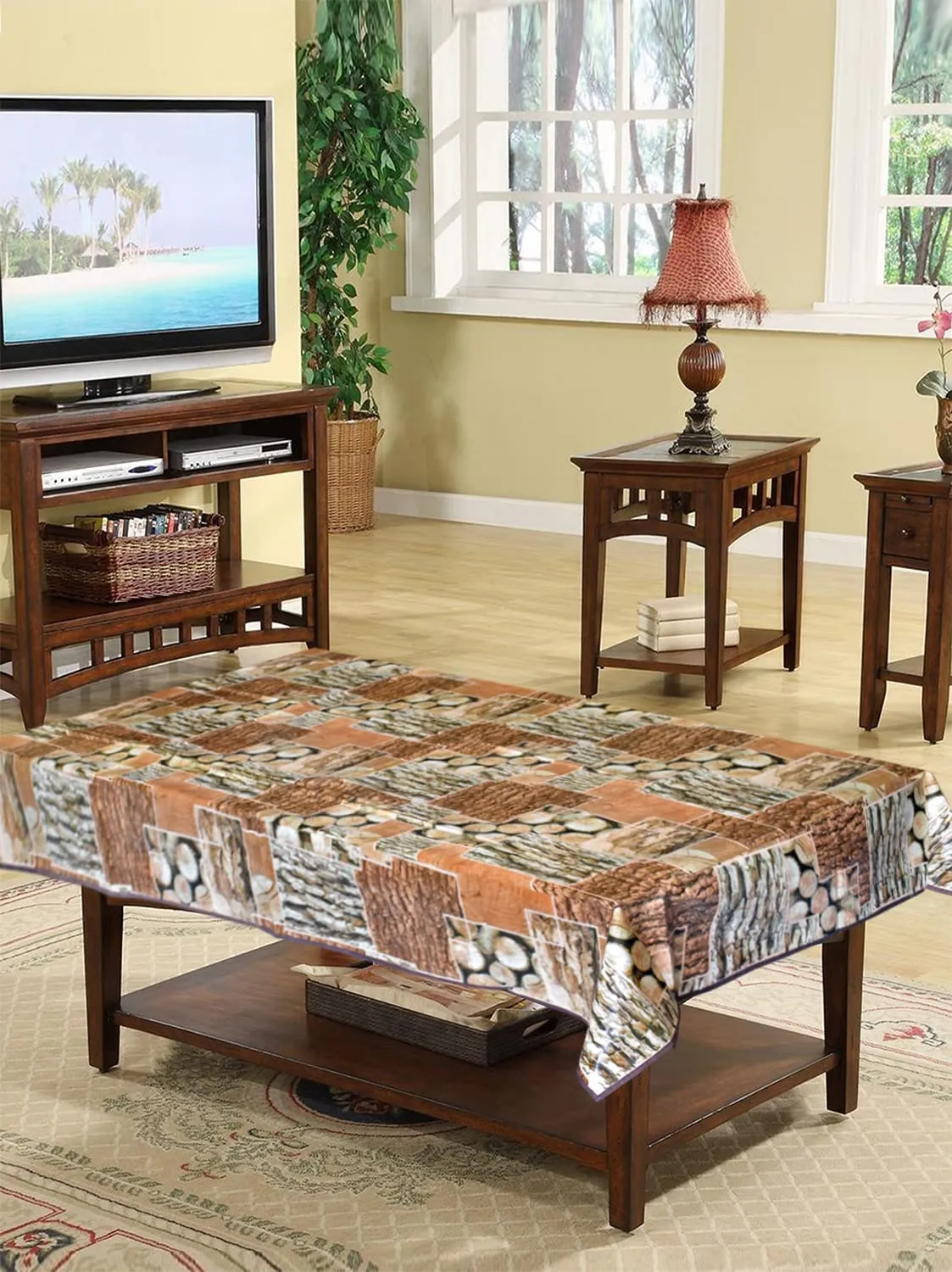 Kuber Industries Wooden Print Reversable PVC Center Table Cover for Home Decorative Luxurious 4 Seater, 60"x36" (Brown) 54KM4268