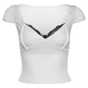 Lace Contrast Sweetheart Short Sleeve Top