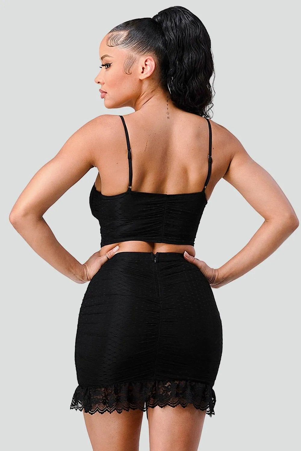 LACE SWEETHEART BUSTIER AND RUCHED LACE SKIRT SETS