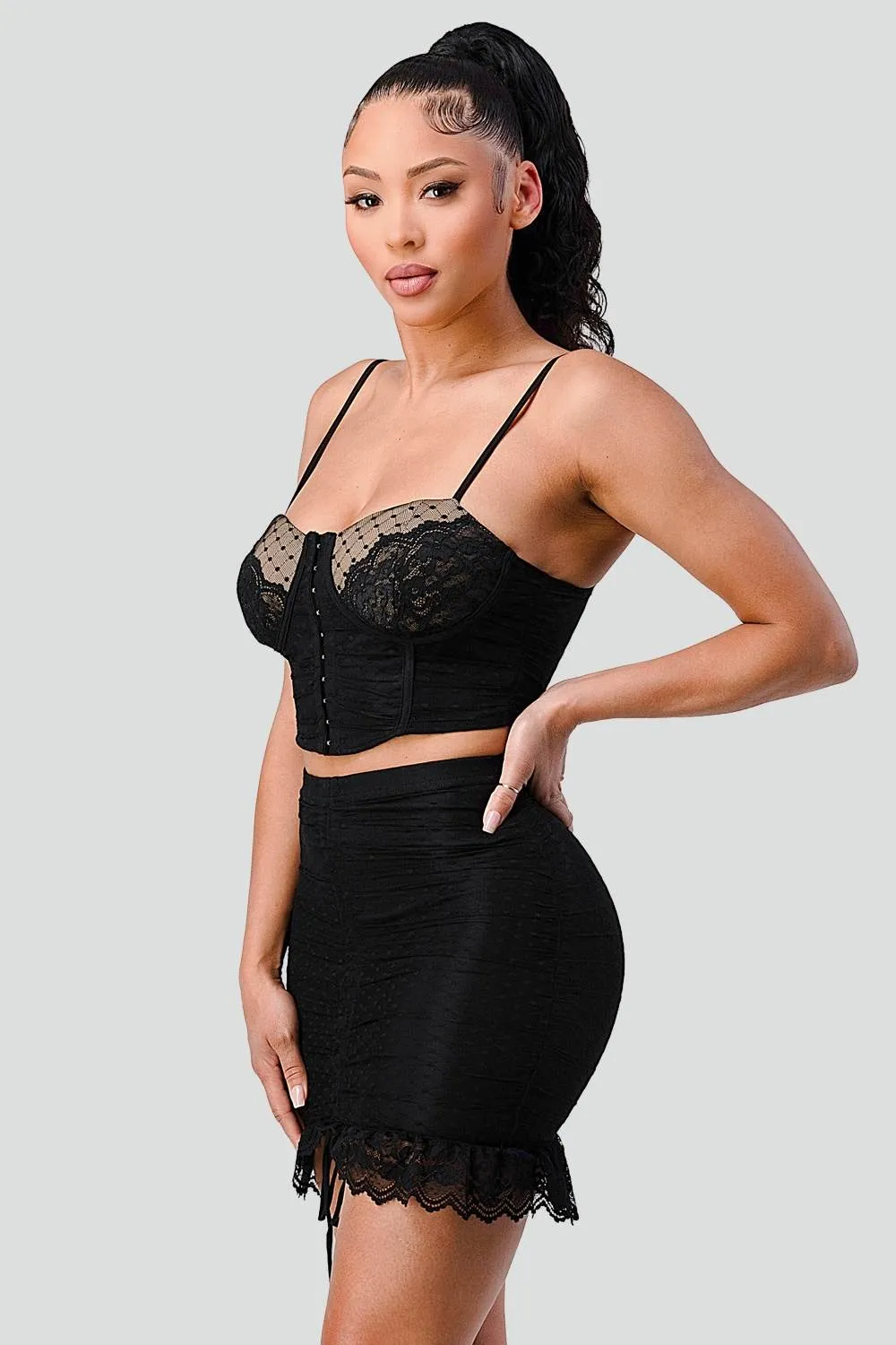 LACE SWEETHEART BUSTIER AND RUCHED LACE SKIRT SETS