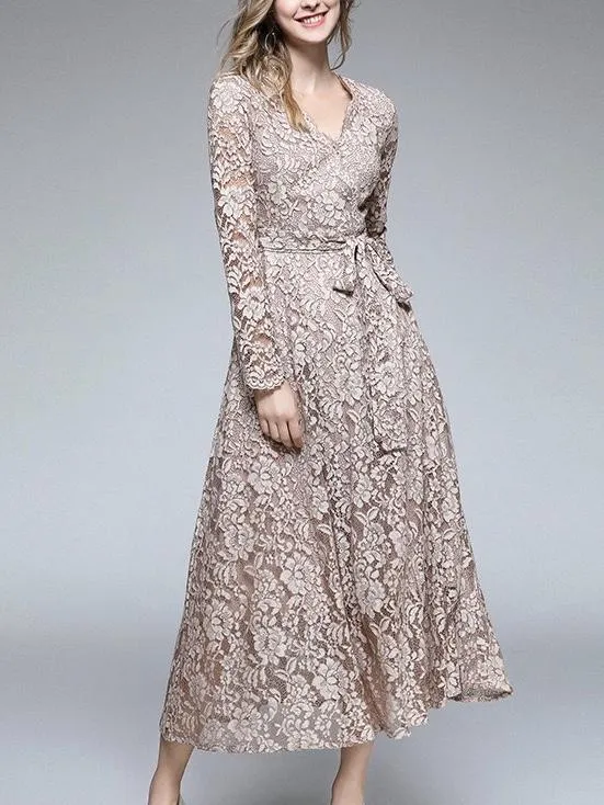 Lace-up Dress Autumn V-neck Lace Dress Banquet Swing Dress
