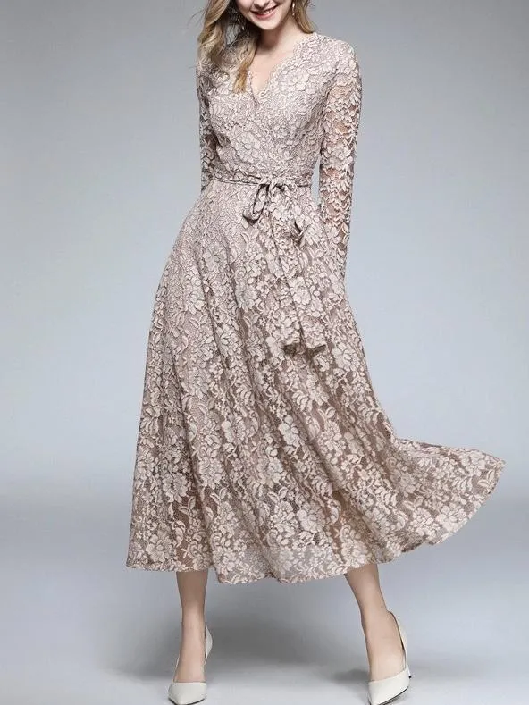 Lace-up Dress Autumn V-neck Lace Dress Banquet Swing Dress