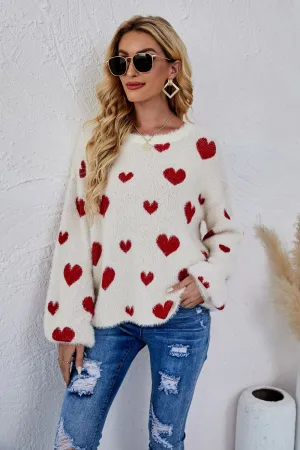 LADIES--HEART Fuzzy, Fun and Beautiful Sweater, Heart Print, Crewneck Long Sleeve Sweater