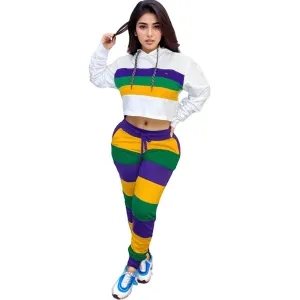Ladies Mardi Gras Chic Crop Hoodie & Striped Jogger Set