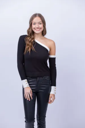 L'AGENCE Maeva Off the Shoulder Sweater in Black/White