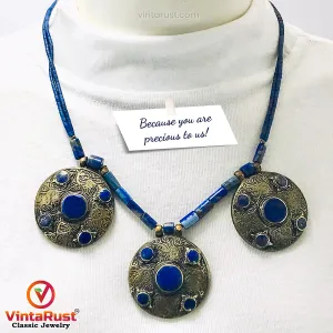 Lapis Lazuli Stone Beaded Necklace With Three Motifs,
