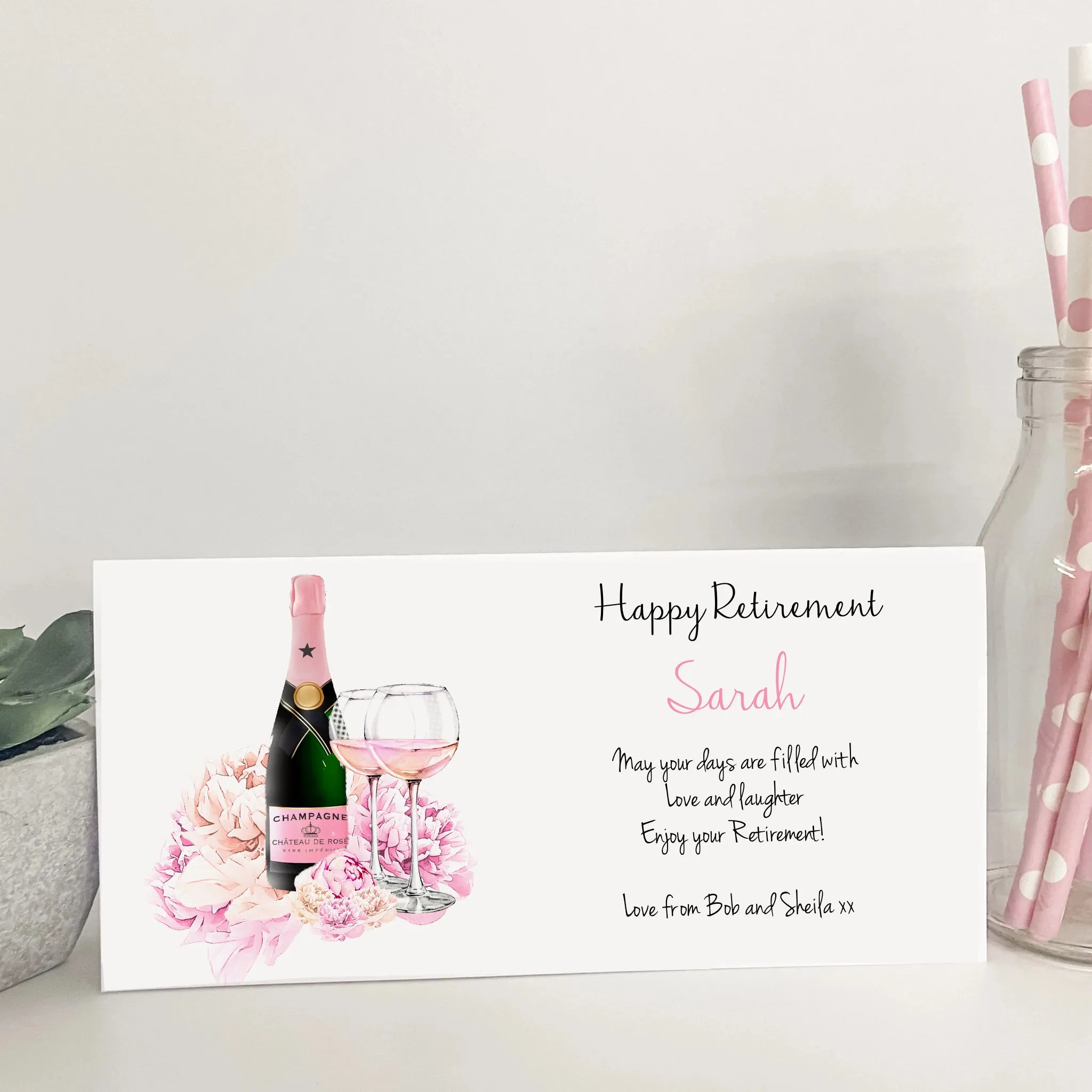 Large A4 Personalised Retirement Card Pink Floral Champagne