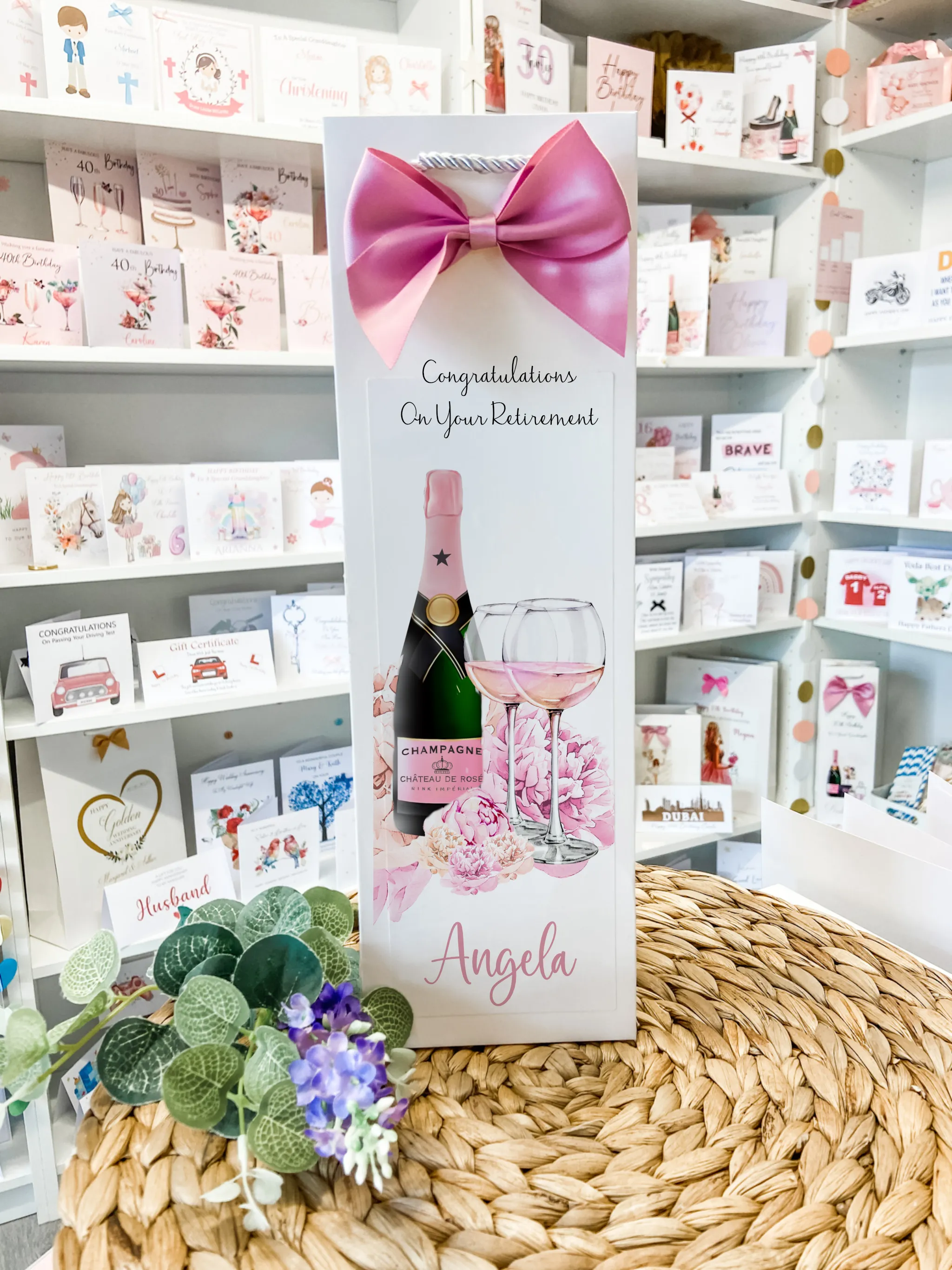 Large A4 Personalised Retirement Card Pink Floral Champagne