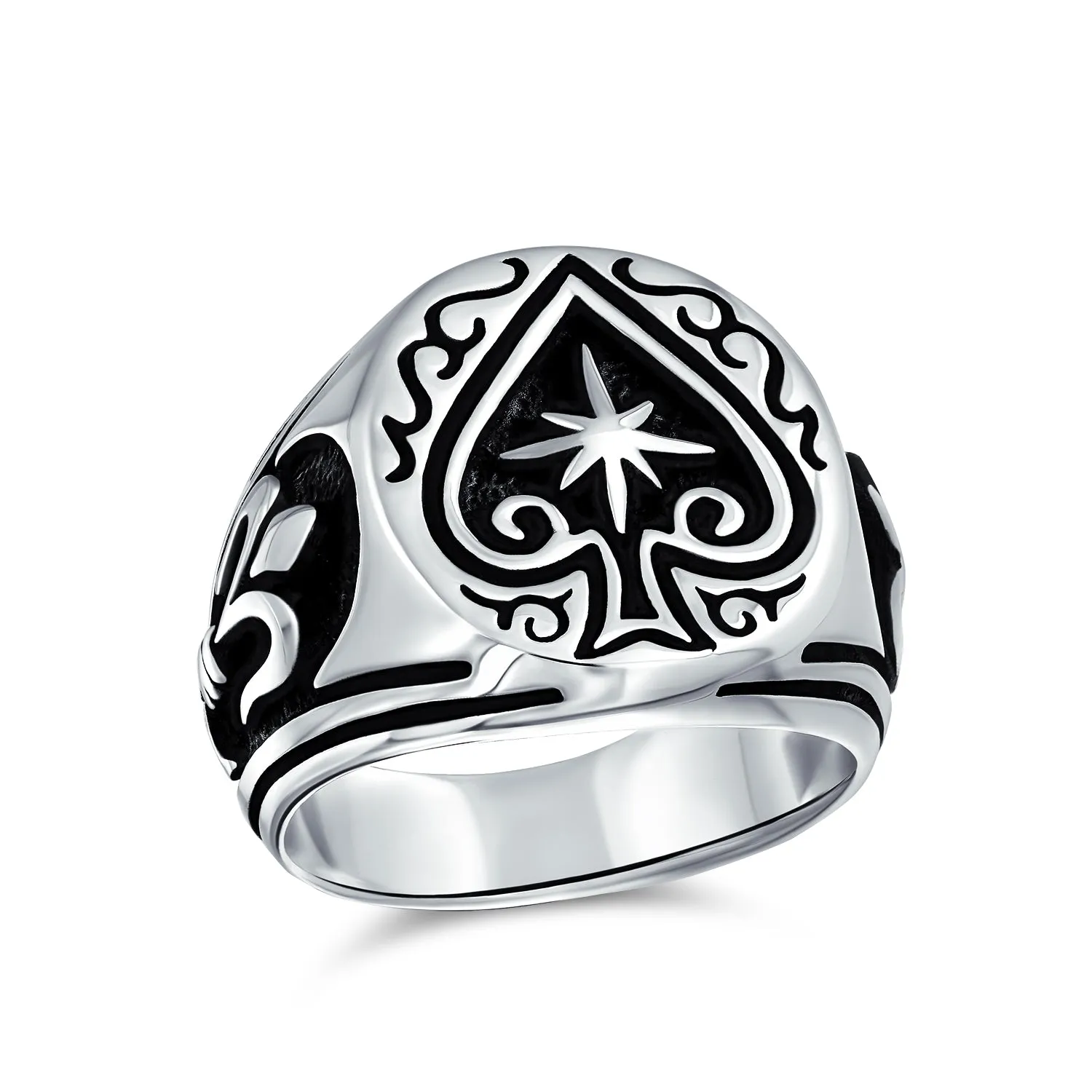 Large Good Luck Black Ace Of Spade Ring For Men .925 Sterling Silver