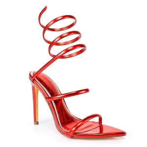 LAURENT-70 TUBULAR SPIRAL STRAP ON POINTED HEEL - RED METALLIC