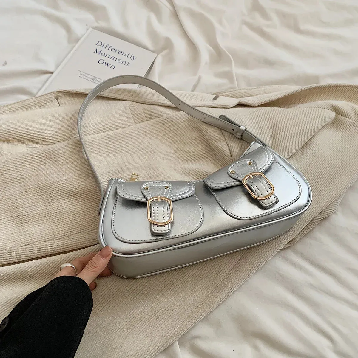 Leather Crossbody Bags Women Small Retro Zipper Underarm Outer Flap Pockets Handbag