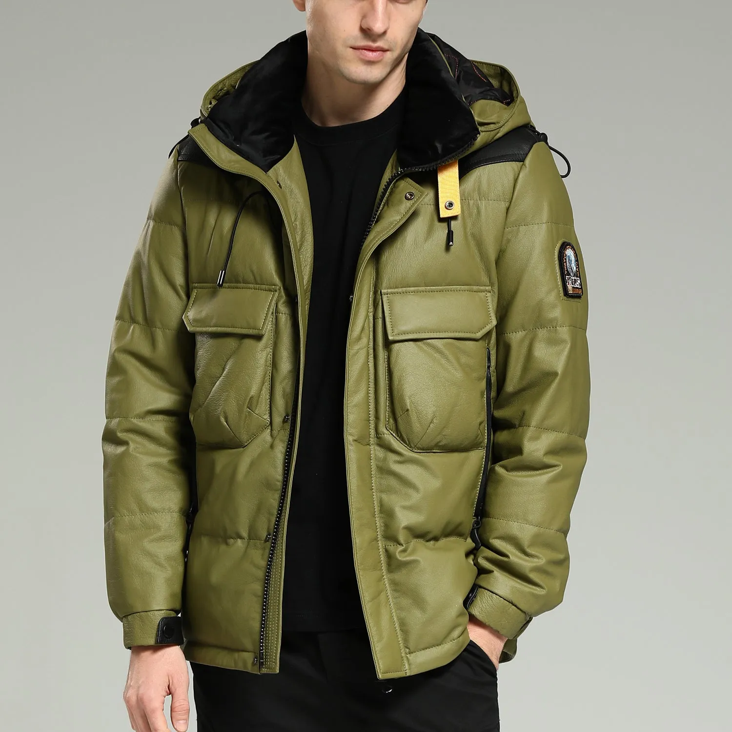 Leather Down Jacket - Luxurious warm green hooded leather down jacket