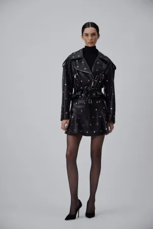 LEATHER SKIRT WITH METAL EYELETS IN GLOSSY BLACK