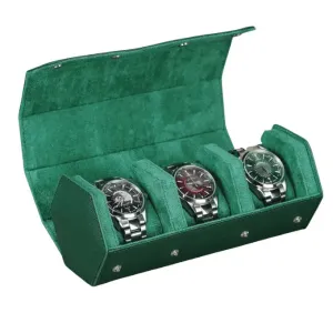 Leather Travel Watch Case Roll Organizer Classic Green-3 Slot