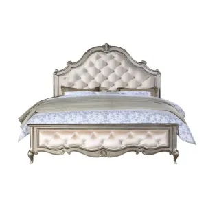 Leona Queen Bed w/Tufted Headboard, Velvet & Antique Champagne