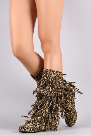 Leopard Fringe Moccasin Mid Calf Boots