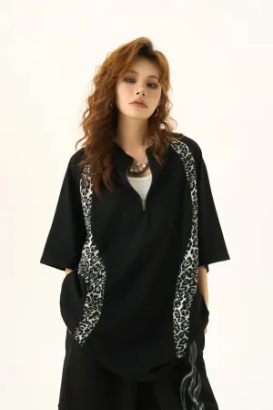Leopard Print Stitching Design Short Sleeve T-Shirt Loose Slim Top