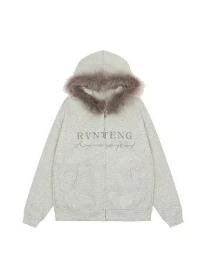 Letter Embroidered Fur Hooded Fleece Jacket