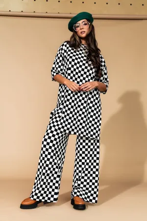 Leveled Up Ribbed Playsuit in Black   White Checkerboard