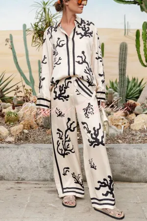 Light and Comfortable Satin Unique Print Elastic Waist Pocket Wide Leg Pants