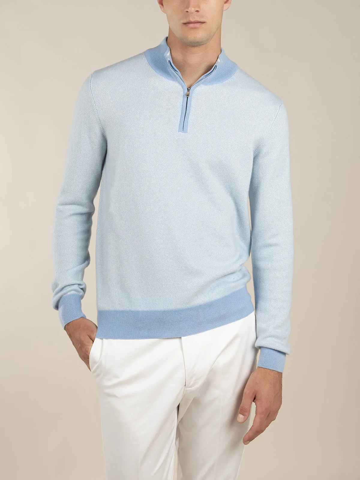 Light Blue Jacquard Zipper Sweater