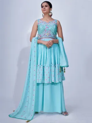 Light Blue Mirror Work Multi Embroidery Chiffon Palazzo Suit