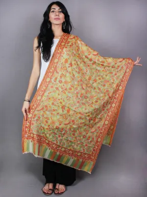 Light Green Orange Red Kani Cutting Jamawar Pure Wool Cashmere Stole from Kashmir - S6317103