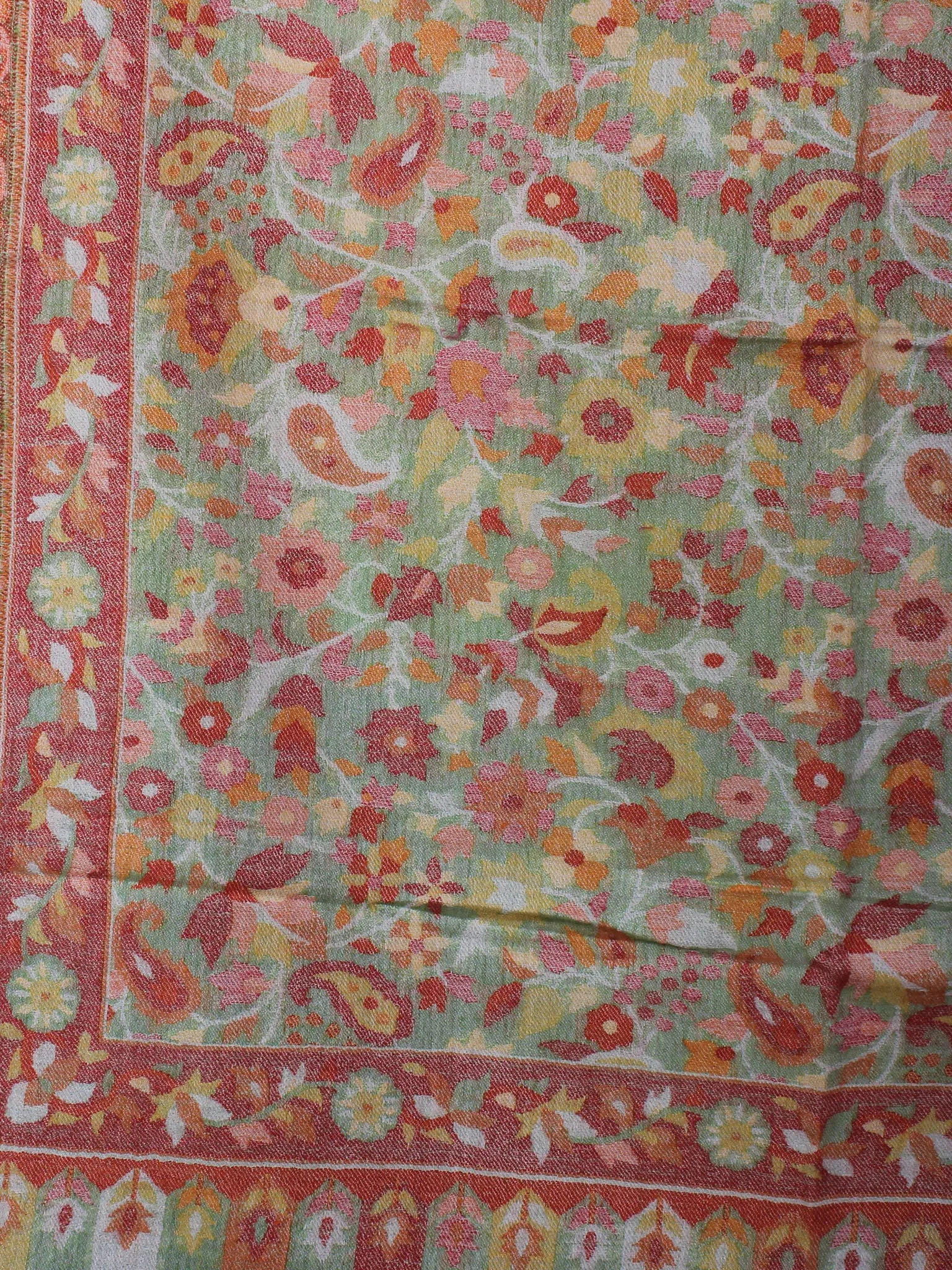 Light Green Orange Red Kani Cutting Jamawar Pure Wool Cashmere Stole from Kashmir - S6317103