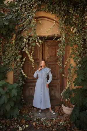 Light Wash Denim Dress with Lapel Collar and Rhinestone Design