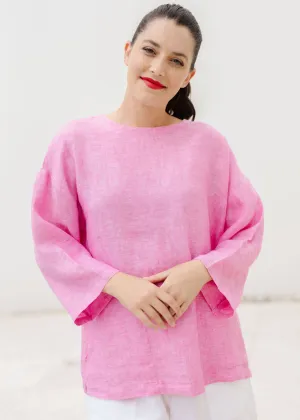 Linen 3/4 Sleeve Top With Pockets Bright Pink