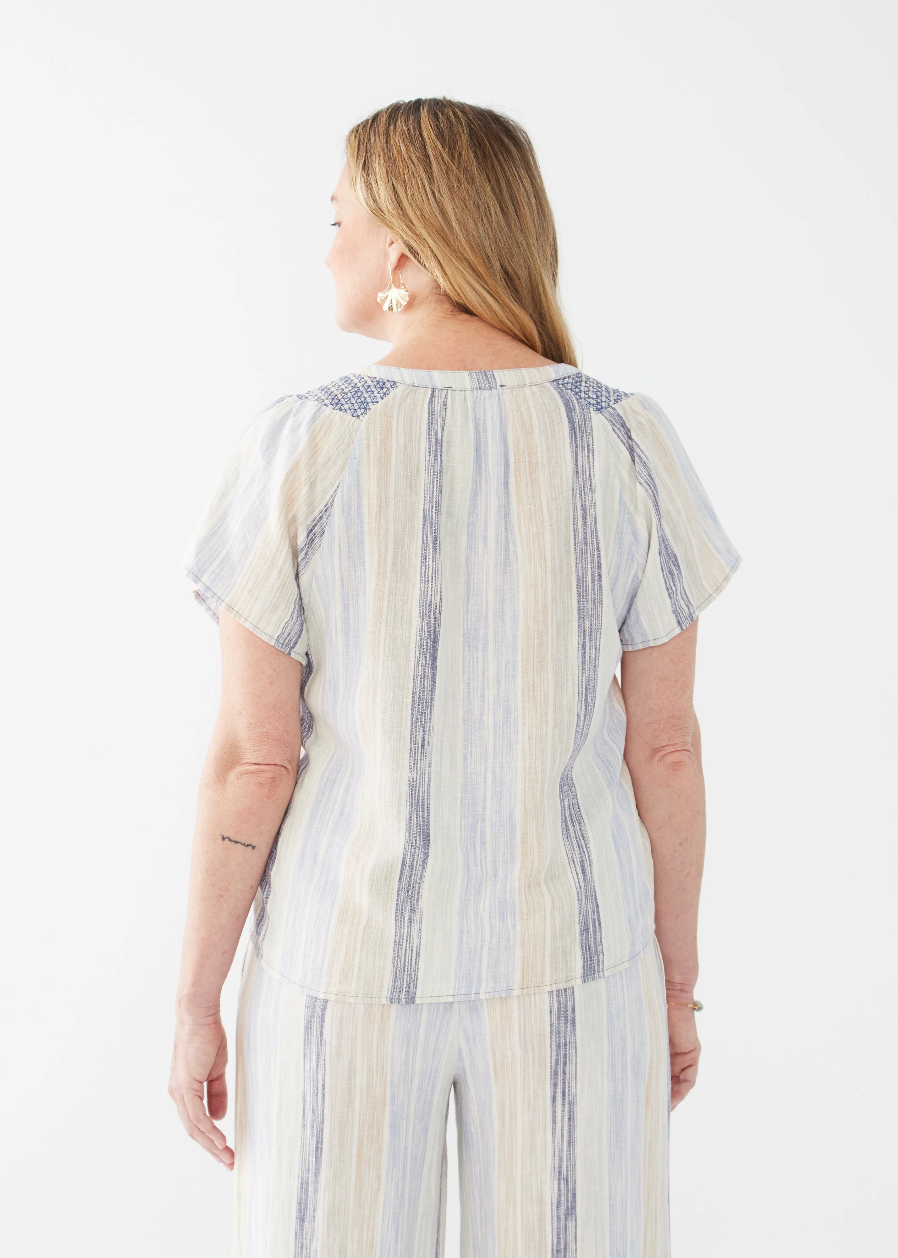 Linen Blend Raglan Flutter Sleeve Blouse