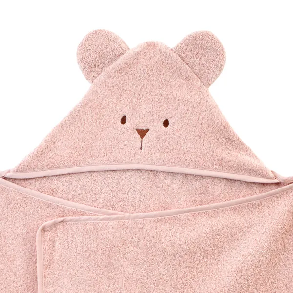 Little Crevette Hooded Towel Uni Oursons Rose Poudre Light Pink