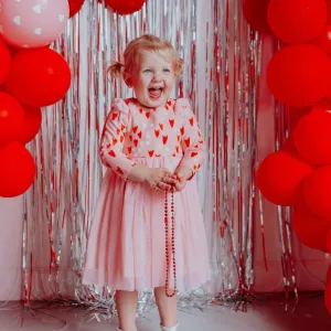 Little Girl's Pink and Red Tulip Hearts Cotton Twirl Dress with Pink Soft Tulle Skirt