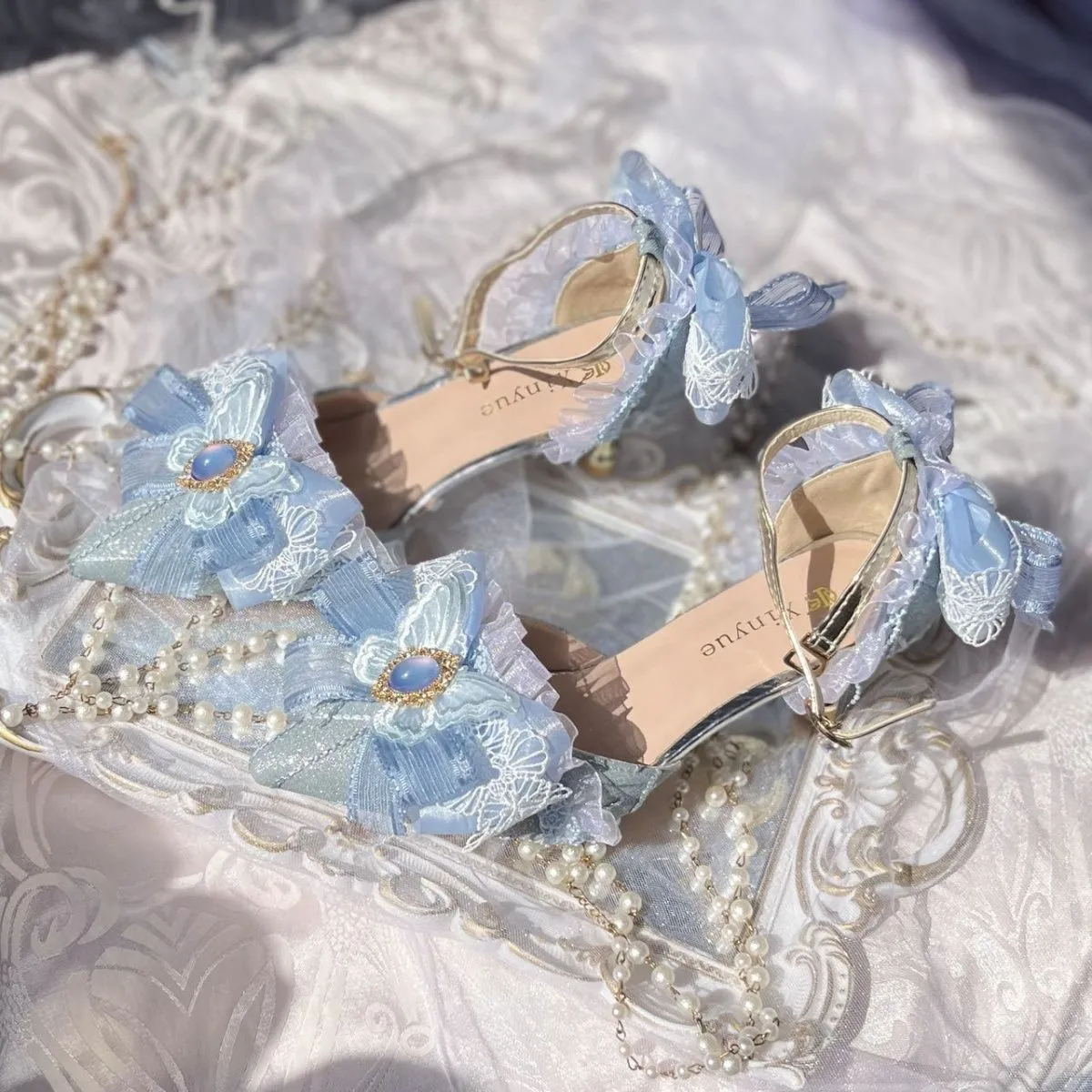 Lolita shoes handmade light blue lo shoes Lolita high heels