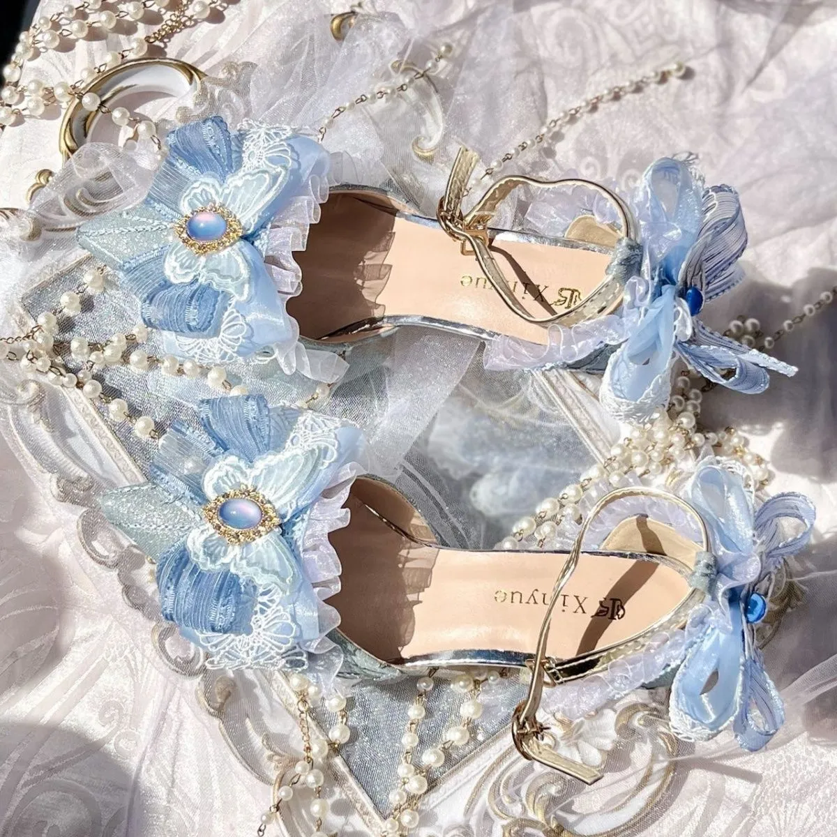 Lolita shoes handmade light blue lo shoes Lolita high heels