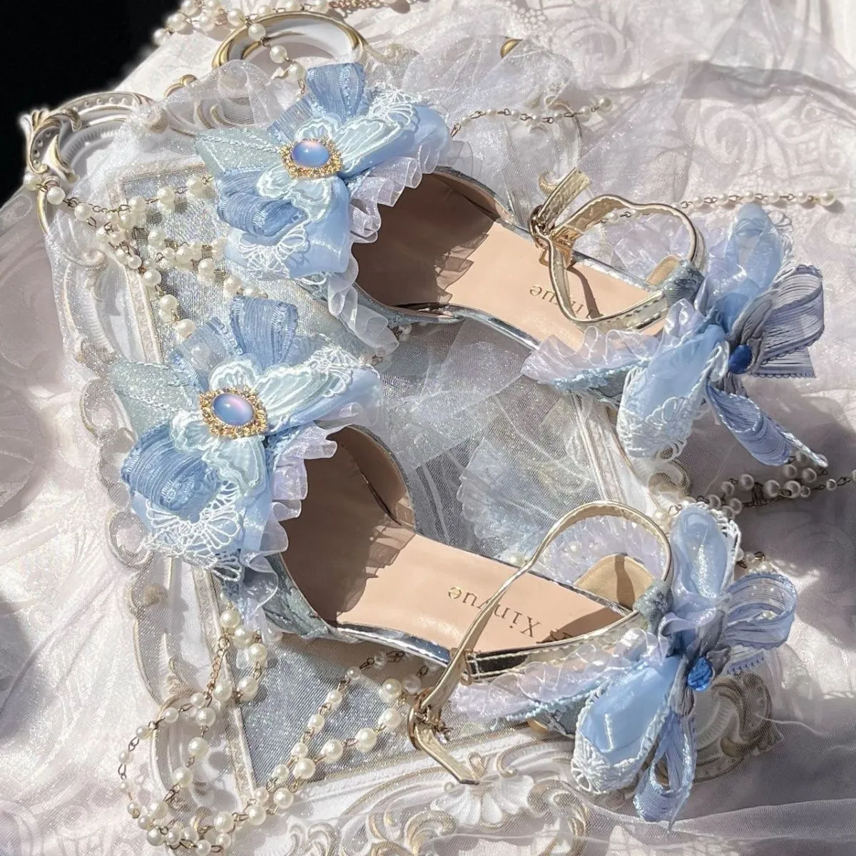 Lolita shoes handmade light blue lo shoes Lolita high heels