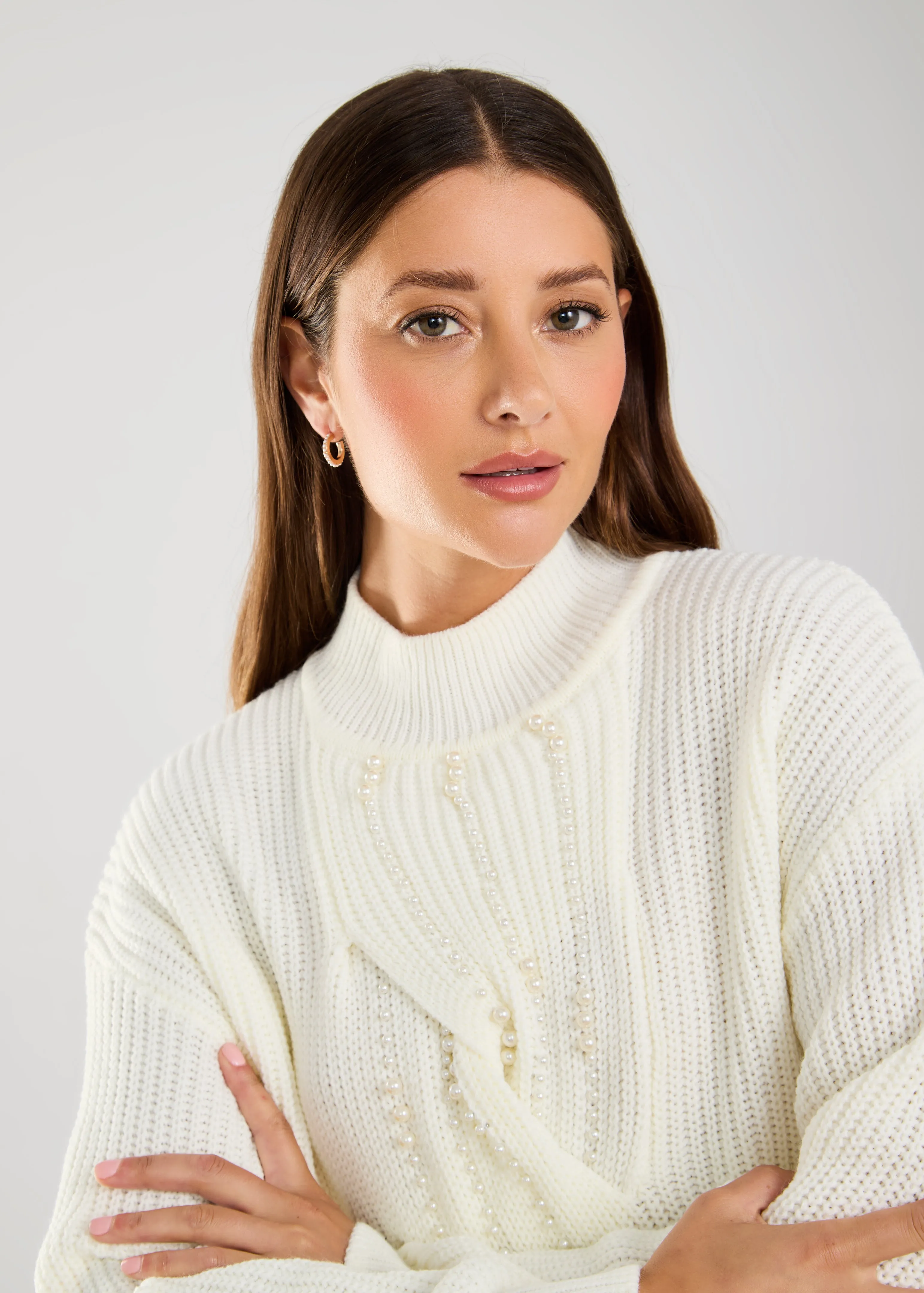 Long-Sleeve Embellished Mock Sweater