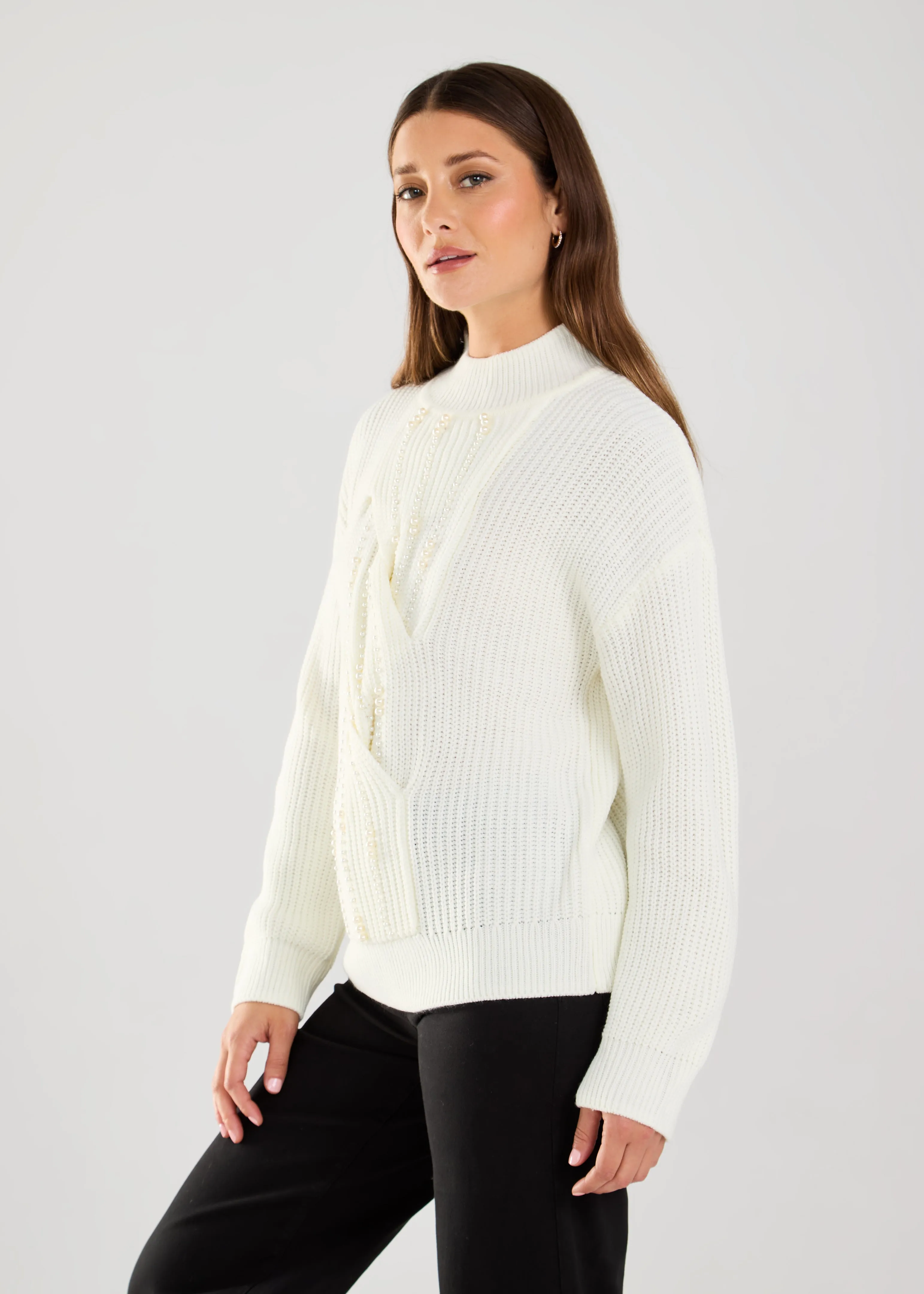 Long-Sleeve Embellished Mock Sweater