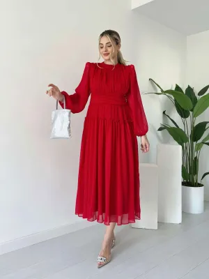 Long Sleeve Lined Chiffon Dress - Red