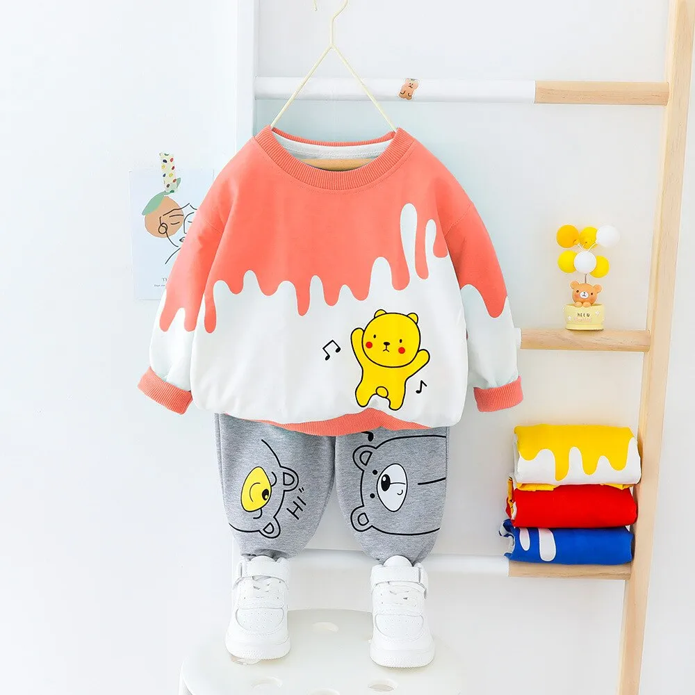 Long Sleeved Cartoon Music Bear Kids Sweater Jogger Outfit