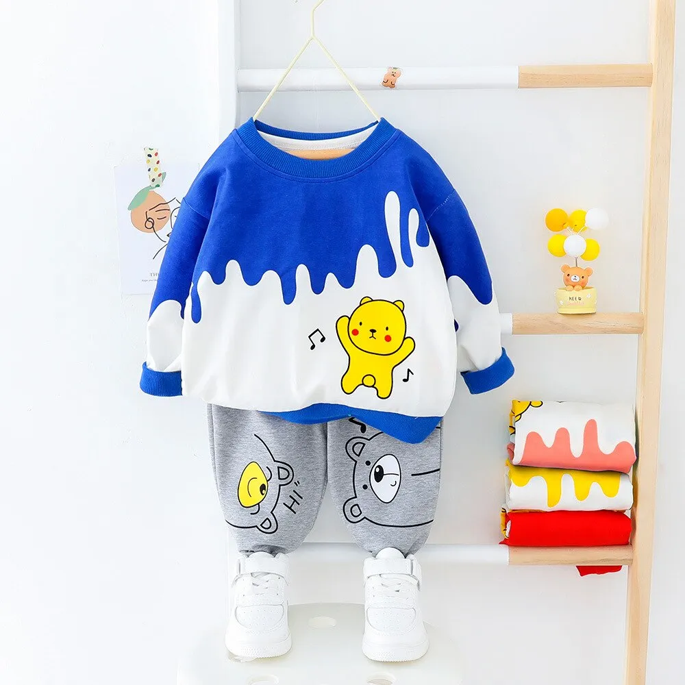 Long Sleeved Cartoon Music Bear Kids Sweater Jogger Outfit