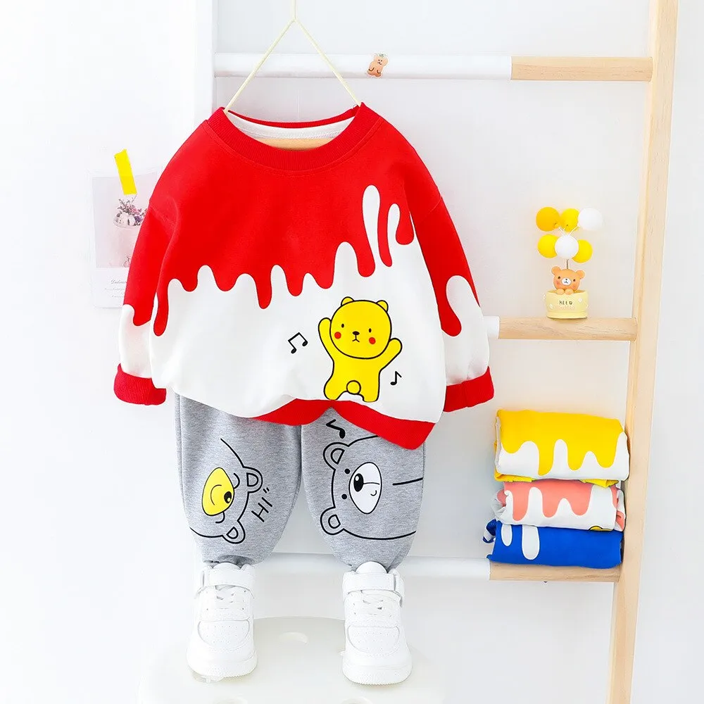 Long Sleeved Cartoon Music Bear Kids Sweater Jogger Outfit