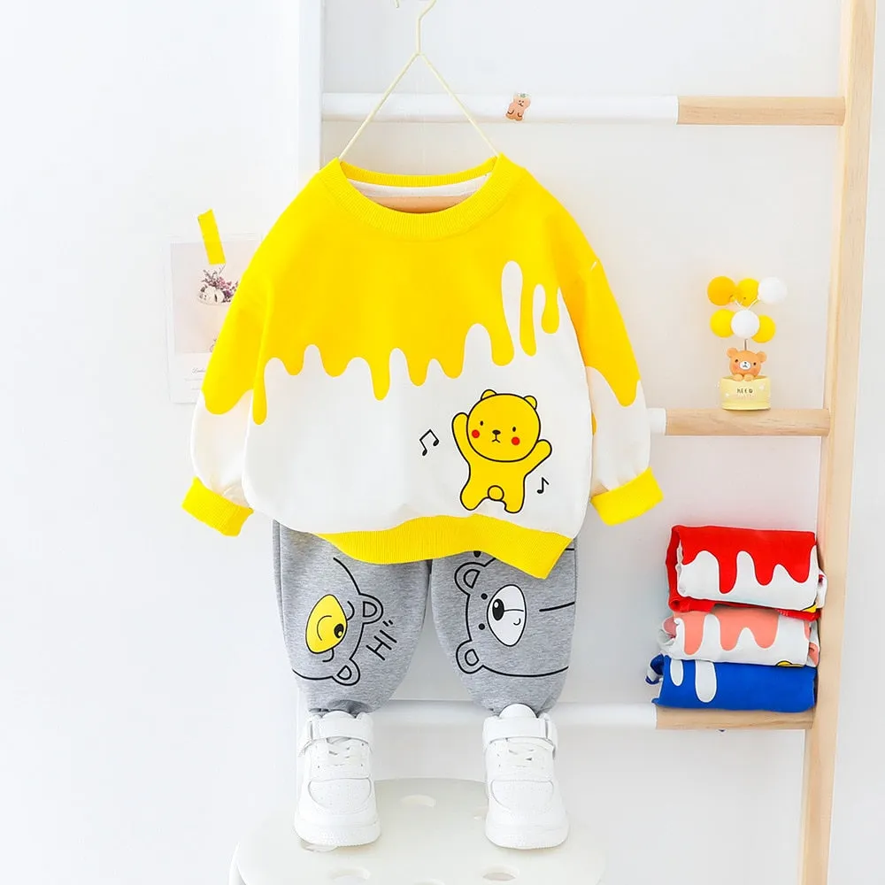 Long Sleeved Cartoon Music Bear Kids Sweater Jogger Outfit