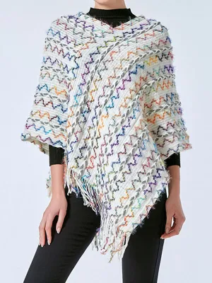 Loose Asymmetric Striped Tasseled V-Neck Cape Shawl&Cloak